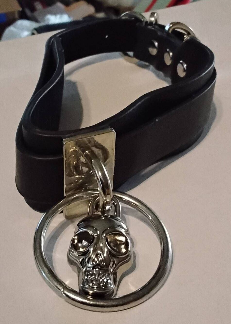 Trendy KILLSTAR Black Vegan Leather Dangle Skull & Circle Buckle Choker Necklace